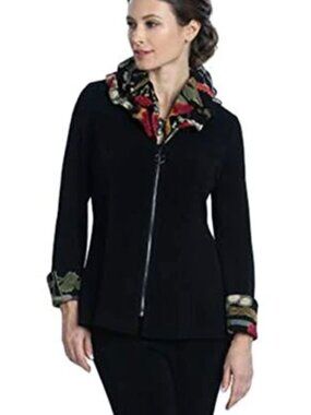 IC by Connie K Black Floral Oversized Collar Jacket Lagenlook Size Medium